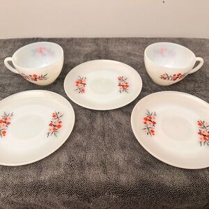 Vintage Fire King Cups & Saucers “Primrose” - Set Of 3 Saucers & 2 Cups